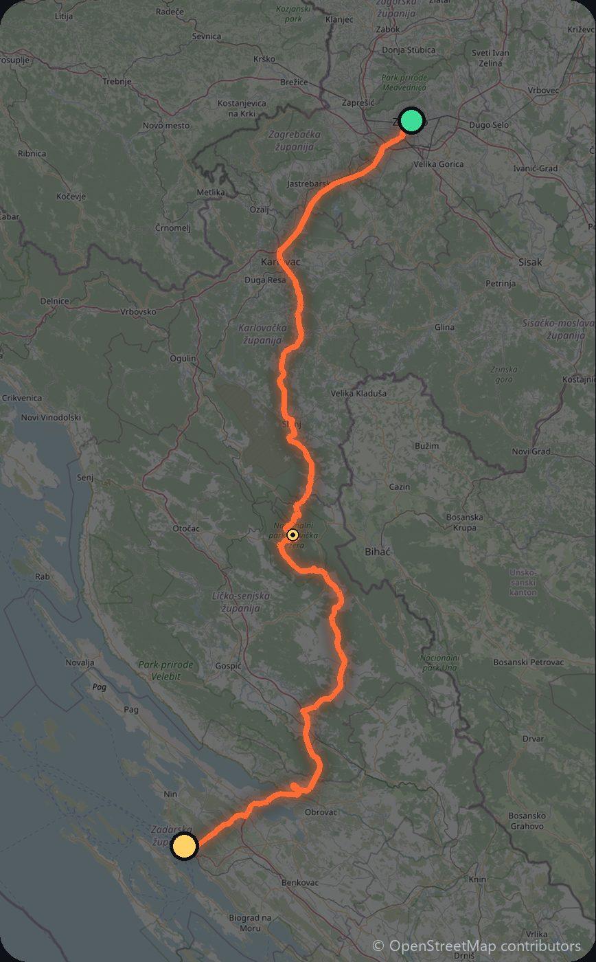 Map of the Zagreb to Zadar driving route