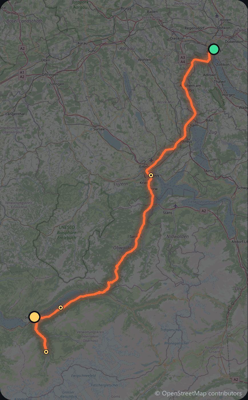Map of the Zurich to Interlaken driving route